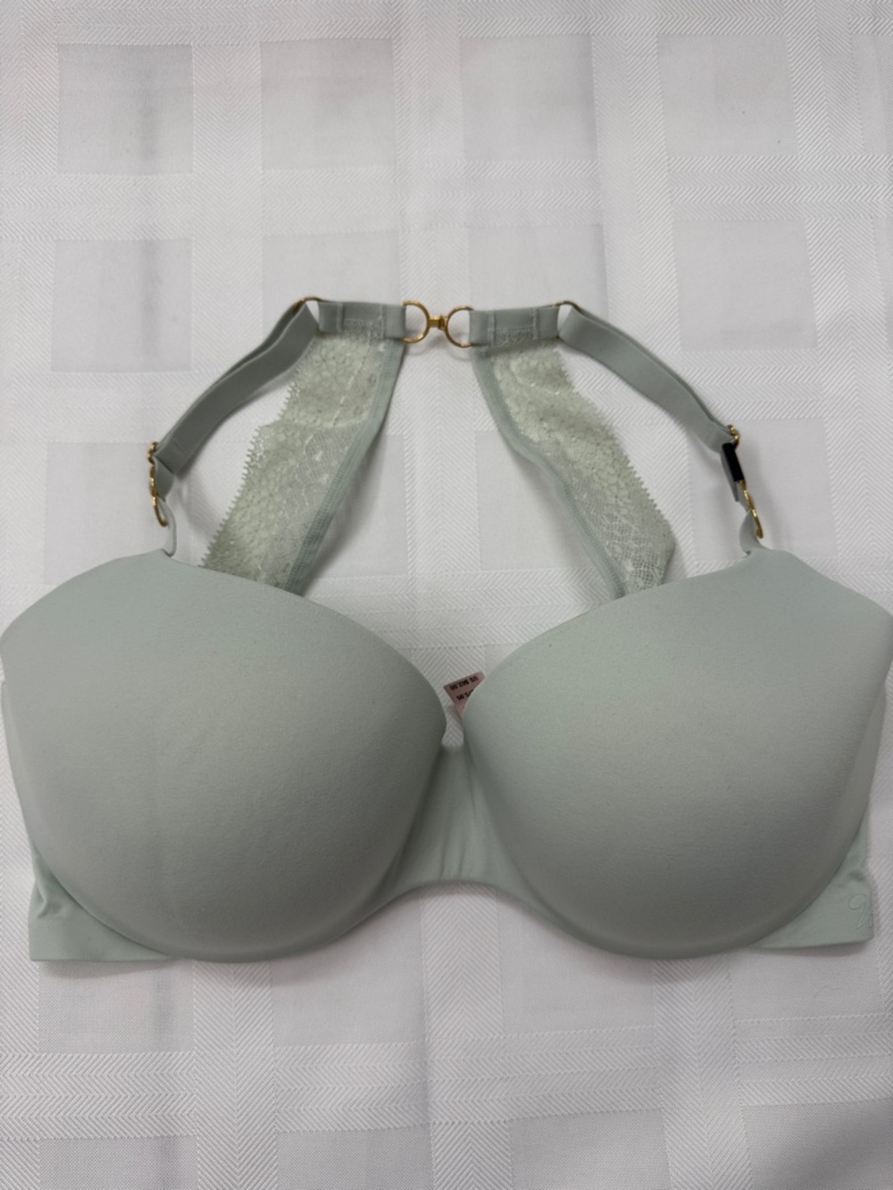 Victoria's Secret Sage Green Lace-Back T-Shirt Bra with Gold Hardware